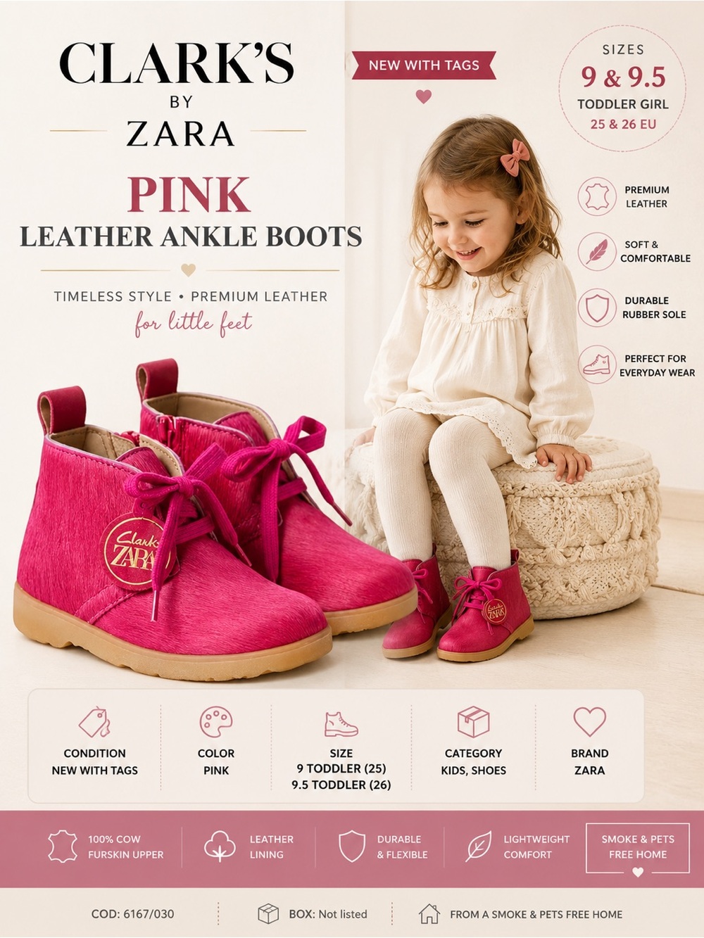 Clarks by Zara Pink Leather Ankle Boots NWT Toddler 9/9.5